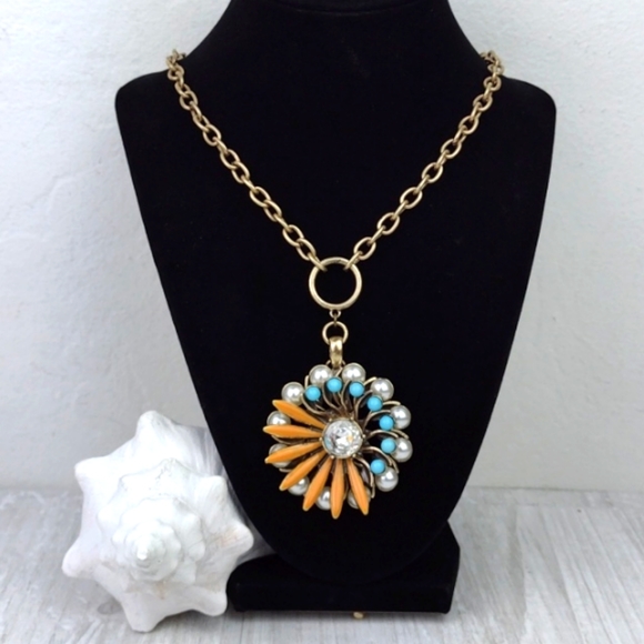 Cookie Lee Faux Pearl Turquoise & Coral Flower Pendant Choker Necklace - Picture 5 of 15